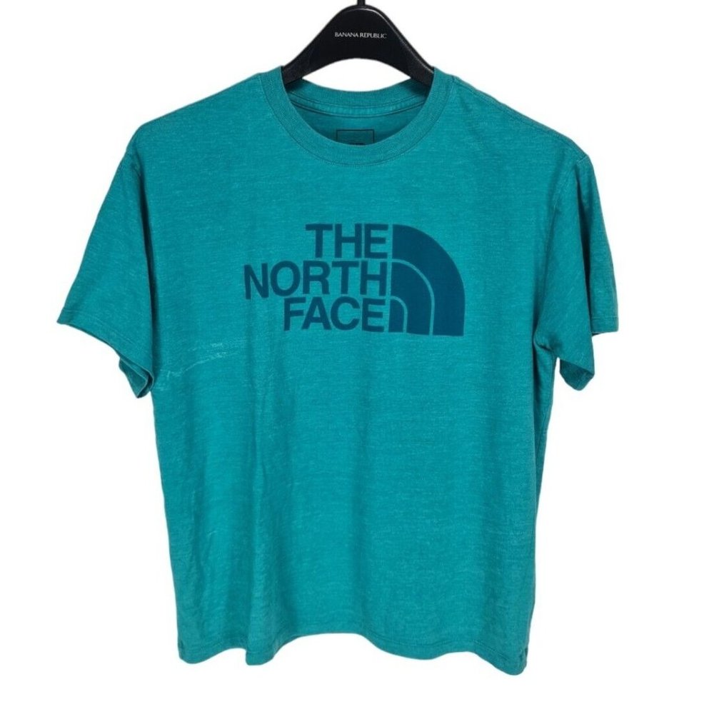 THE NORTH FACE Women Basic T-Shirt Size M Teal Blue Logo Spell Out Short SLV 44P